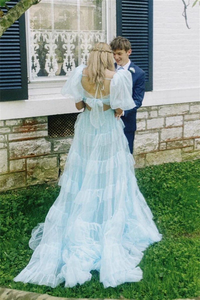 A-line Tow-Piece Tulle Prom Dresses with Slit