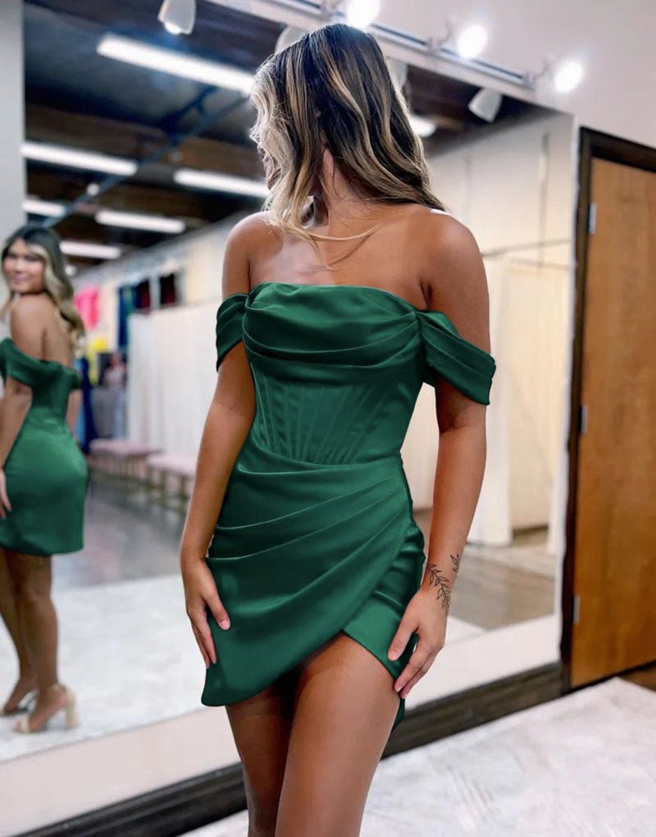 Satin Off the Shoulder Short Homecoming Dresses