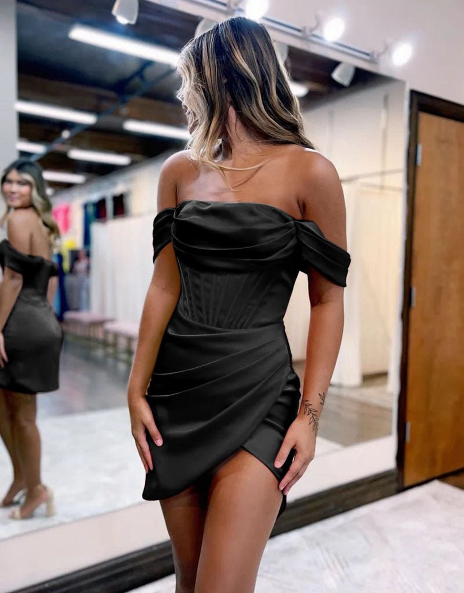 Satin Off the Shoulder Short Homecoming Dresses