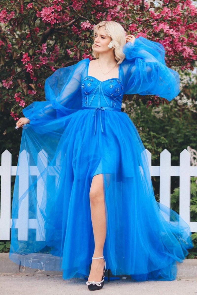 A-line Long Sleeves Satin Tulle Prom Dresses with Slit