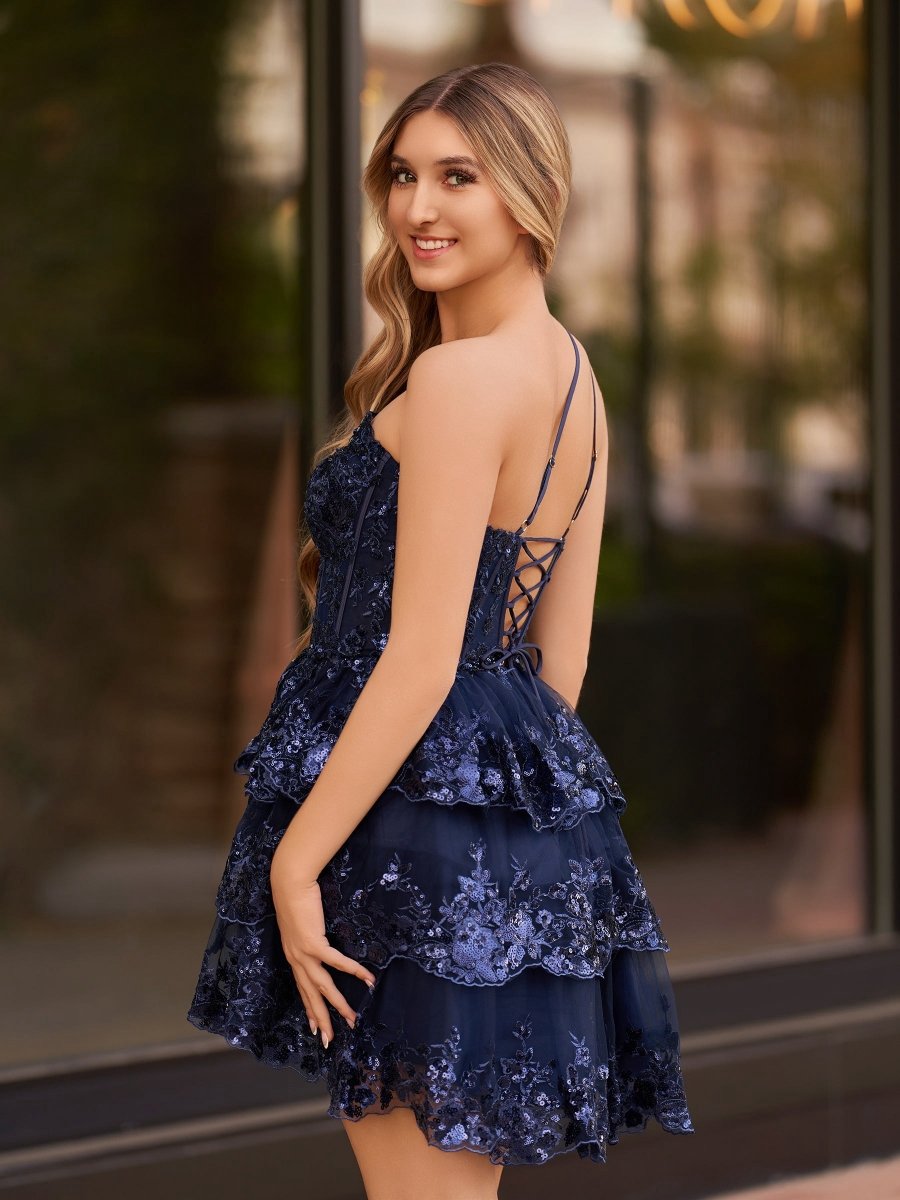 A-line One Shoulder Navy Tie Lace Short Homecoming Dresses