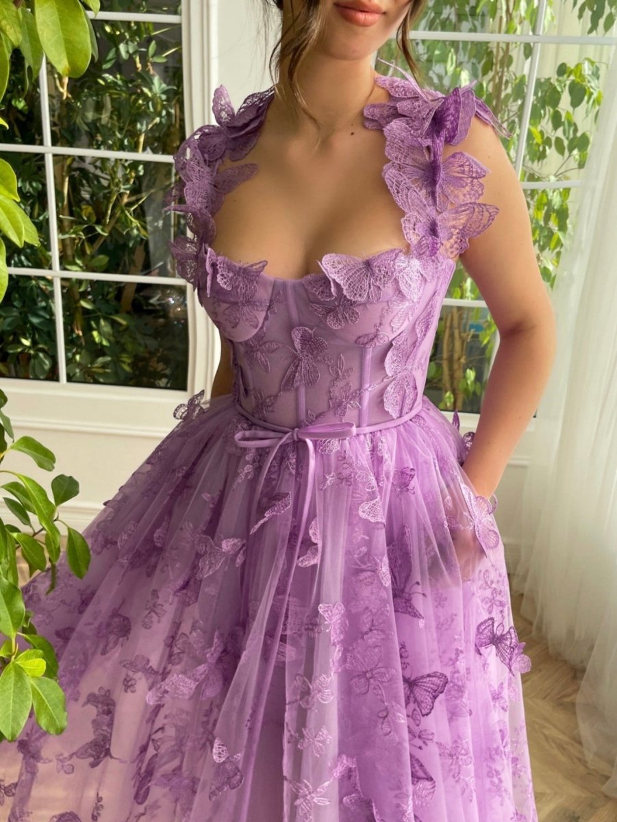 Aline Tulle Midi Prom Dresses with 3D Butterflies