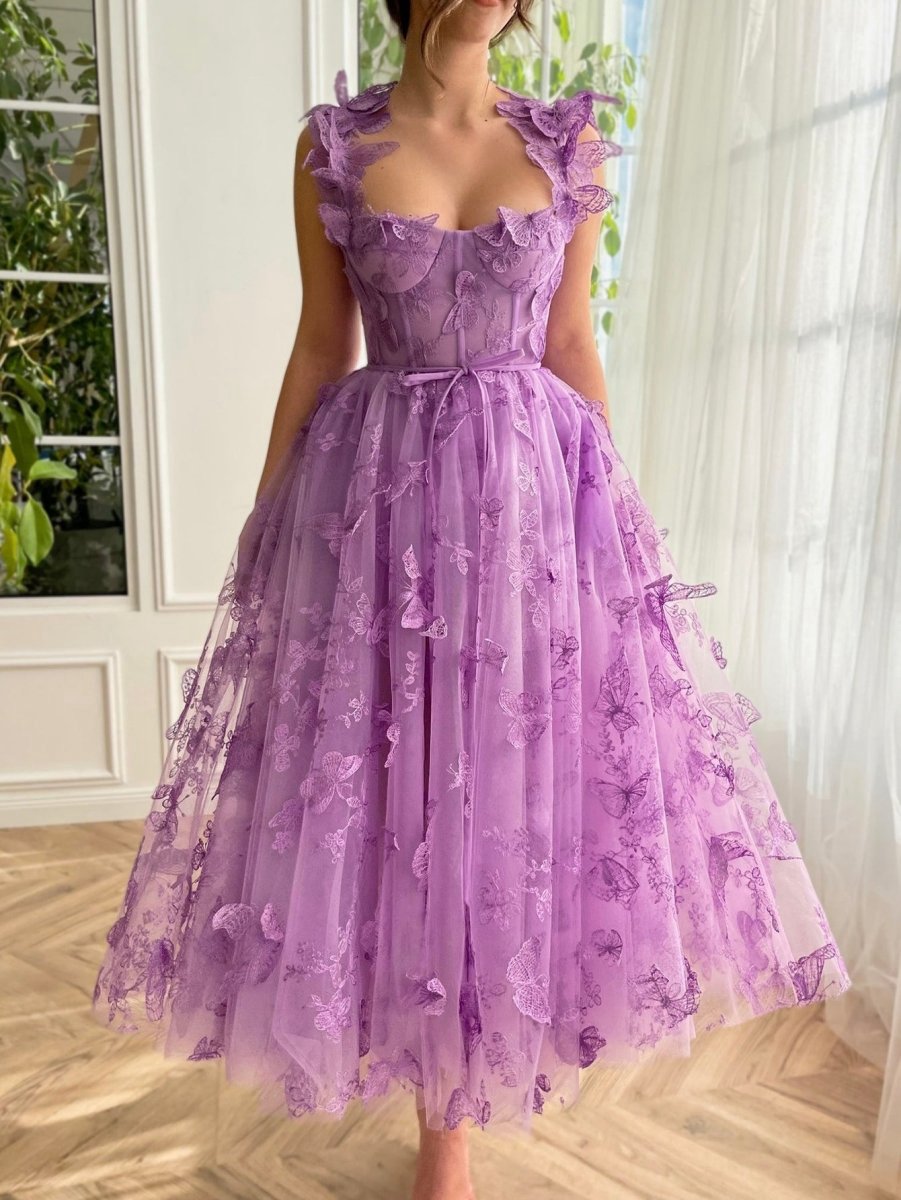 Aline Tulle Midi Prom Dresses with 3D Butterflies