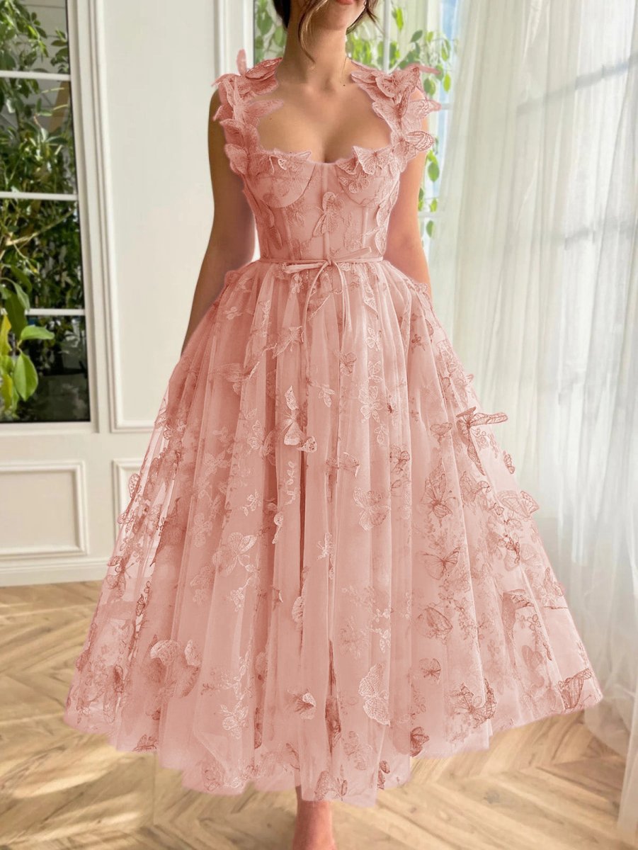 Aline Tulle Midi Prom Dresses with 3D Butterflies