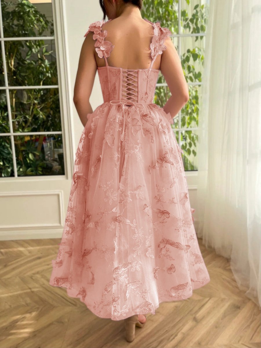 Aline Tulle Midi Prom Dresses with 3D Butterflies