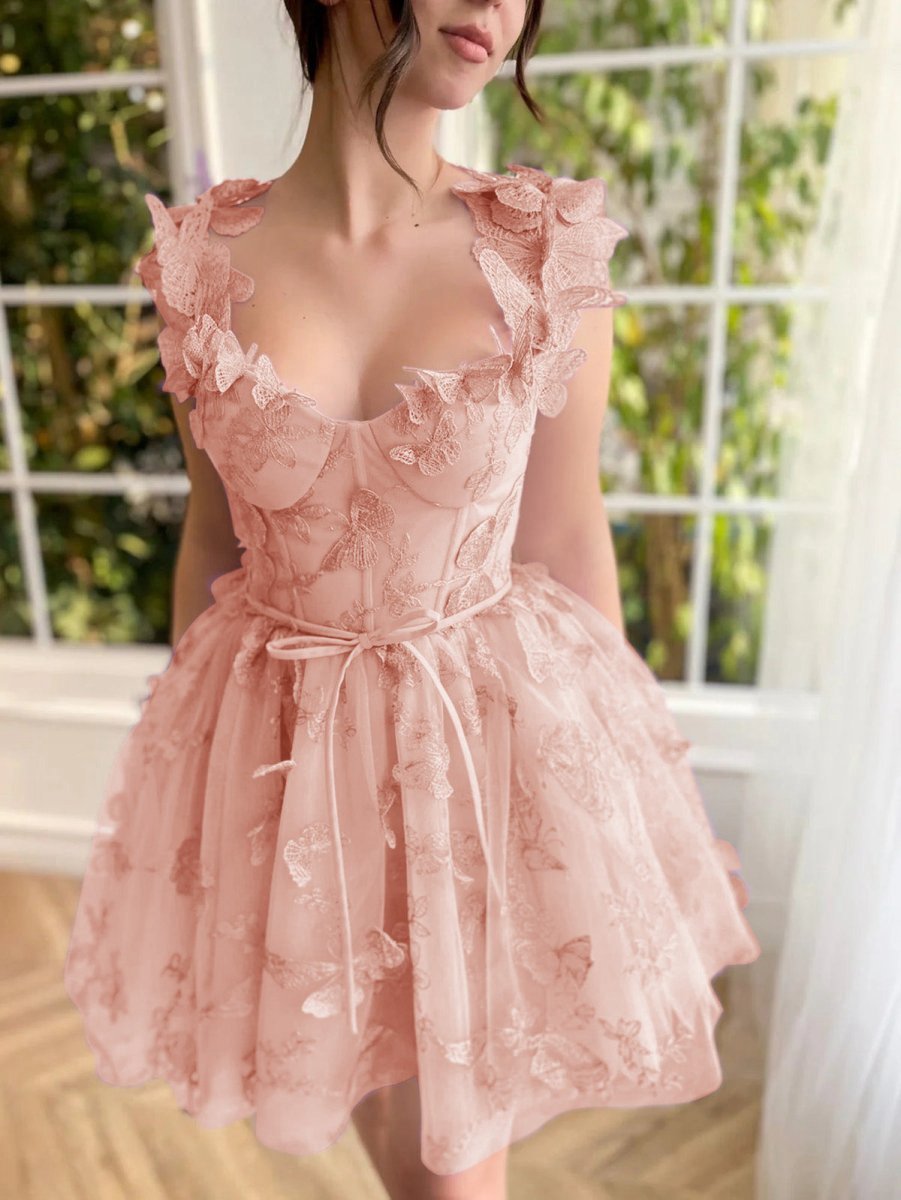 Aline Short Tulle Prom Dresses with 3D Butterflies
