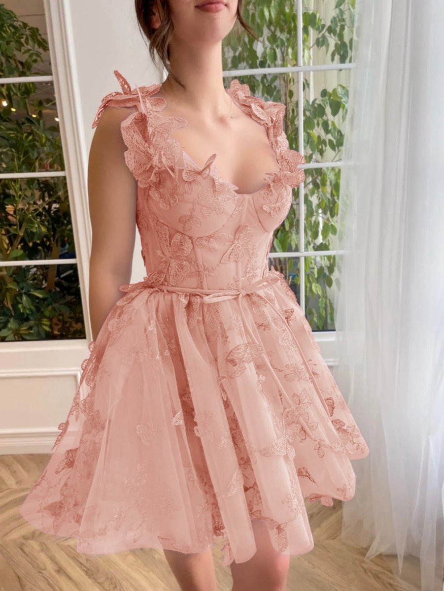 Aline Short Tulle Prom Dresses with 3D Butterflies