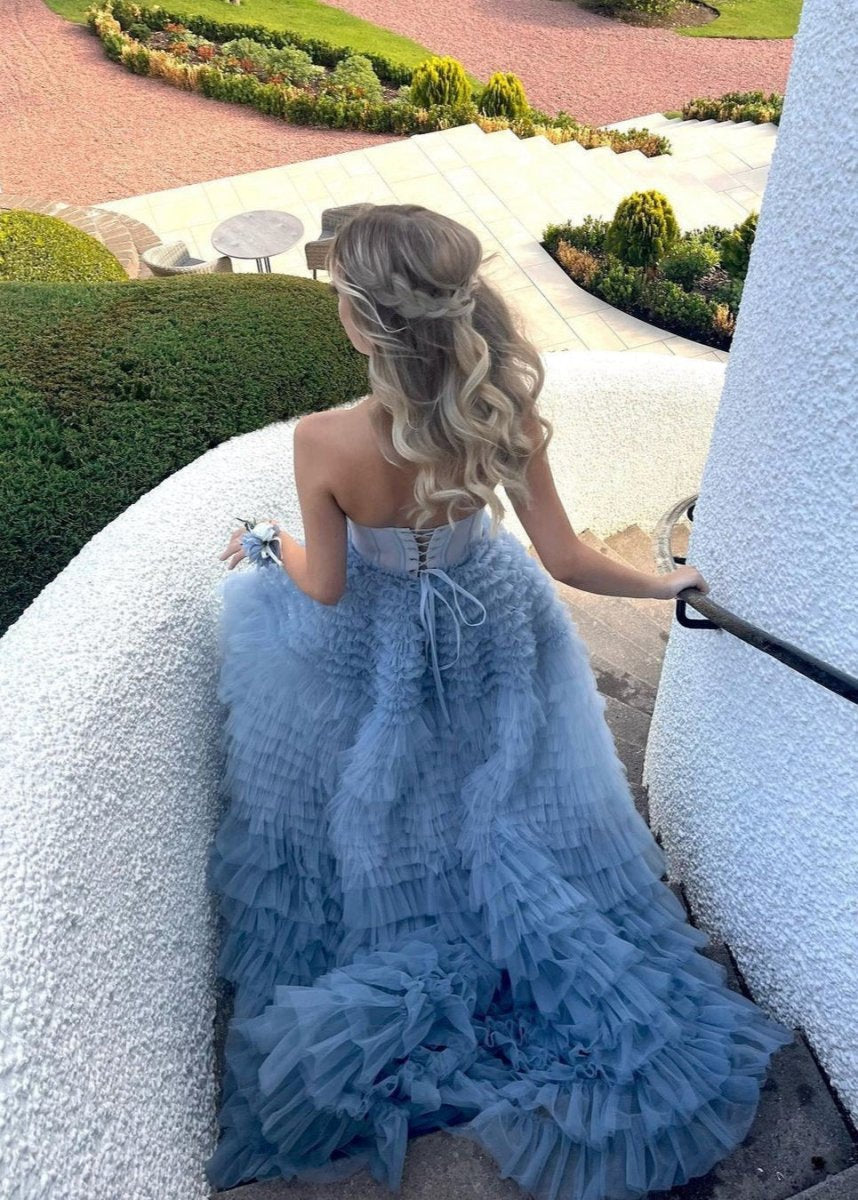 A-line Sweetheart Tie Ruffled Tulle Long Prom Dresses