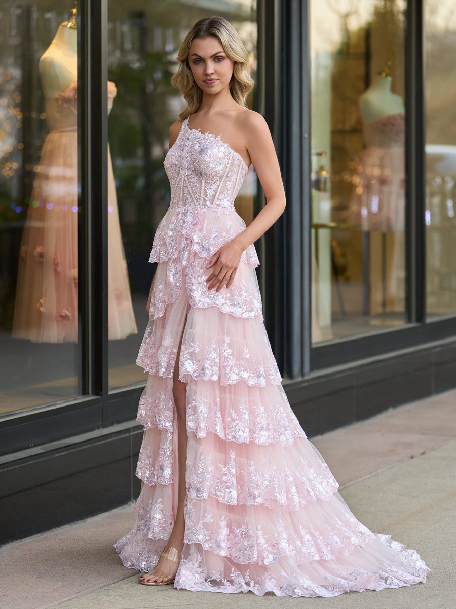 Sheath One Shoulder Tie Lace Long Prom Dresses