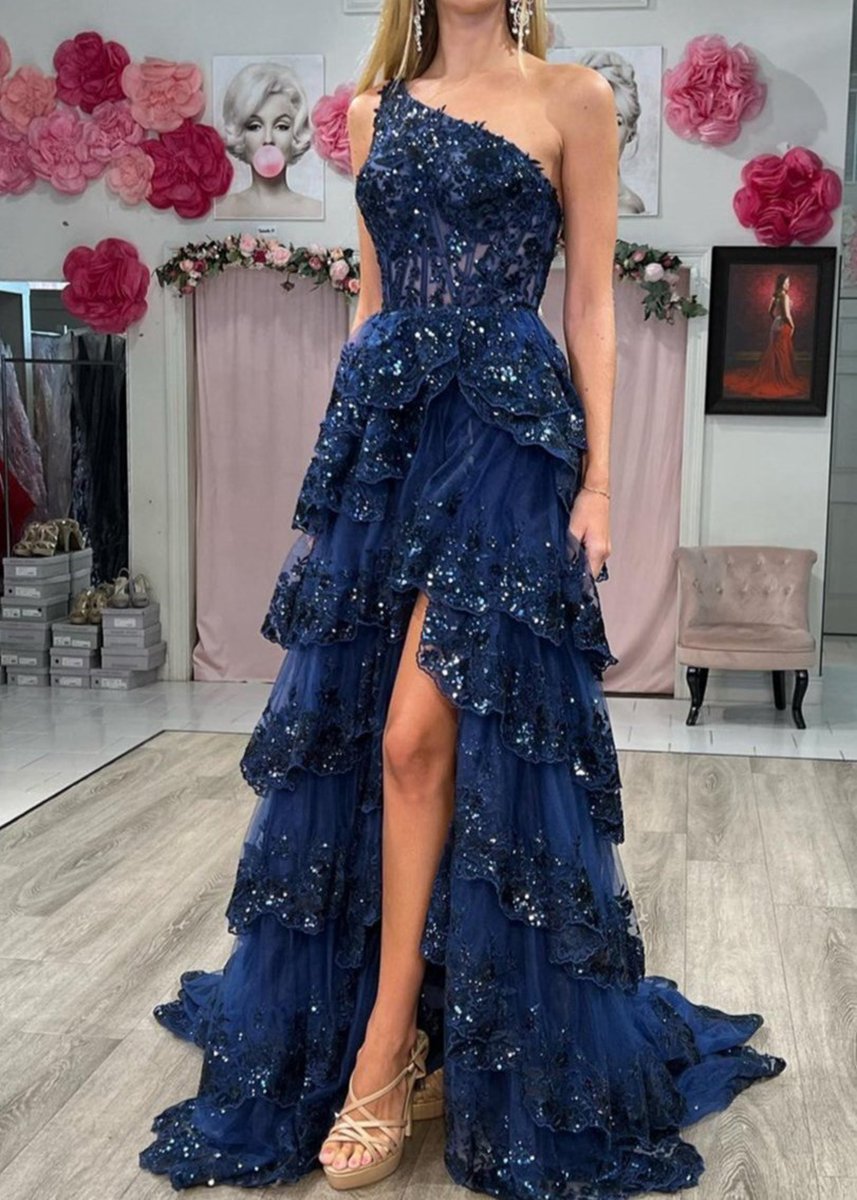 Sheath One Shoulder Tie Lace Long Prom Dresses