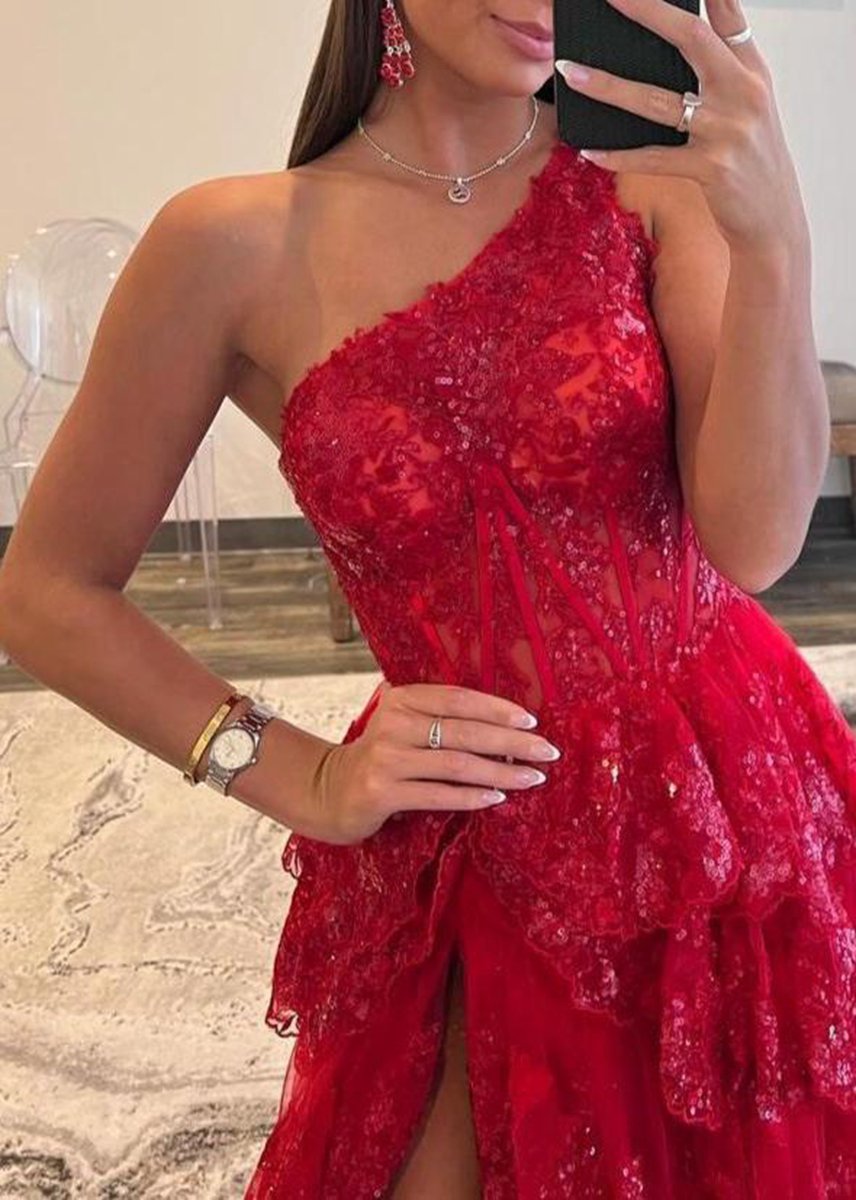 Sheath One Shoulder Tie Lace Long Prom Dresses