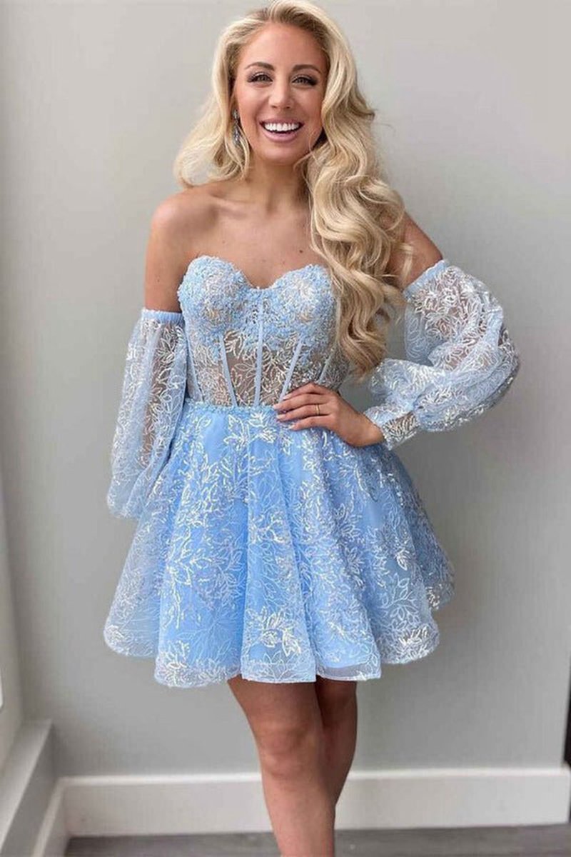 A-line Sweetheart Corset Homecoming Dresses with Sleeves