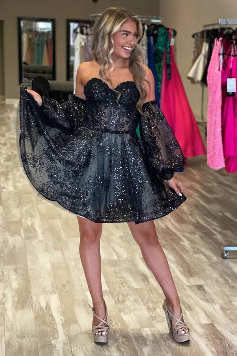 A-line Sweetheart Corset Homecoming Dresses with Sleeves