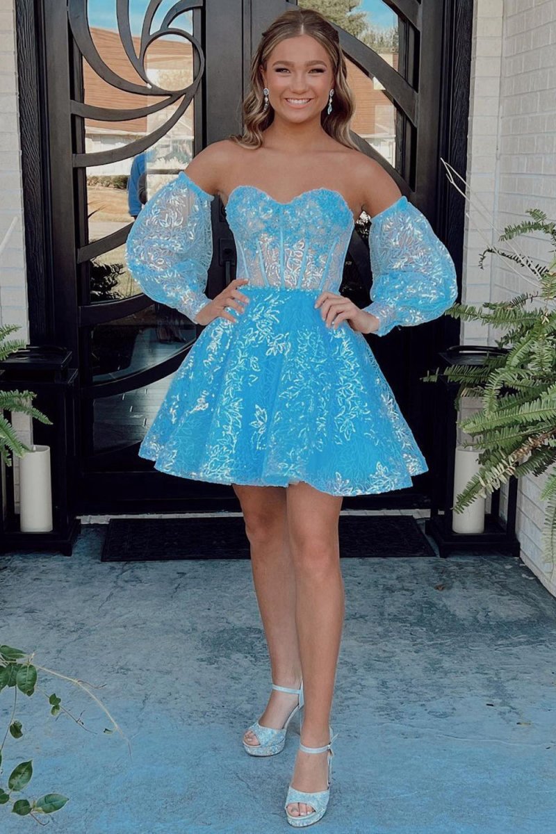A-line Sweetheart Corset Homecoming Dresses with Sleeves