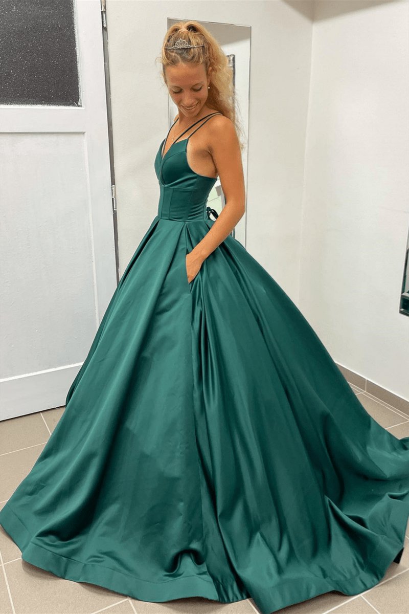 A-line V-Neck Satin Long Prom Dresses