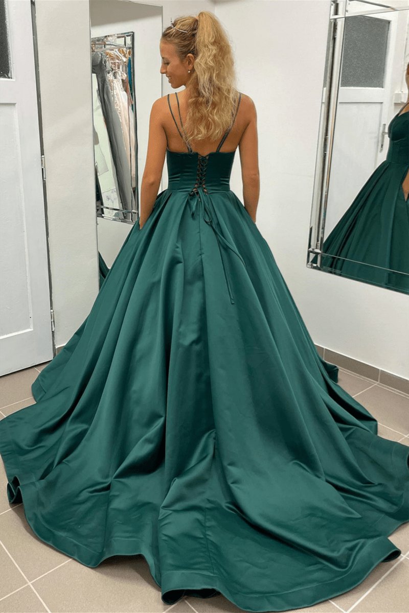 A-line V-Neck Satin Long Prom Dresses