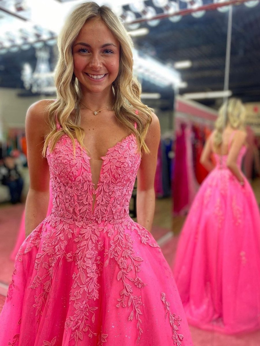 V Neck A-line Lace Long Prom Dresses