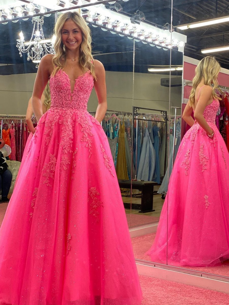 V Neck A-line Lace Long Prom Dresses