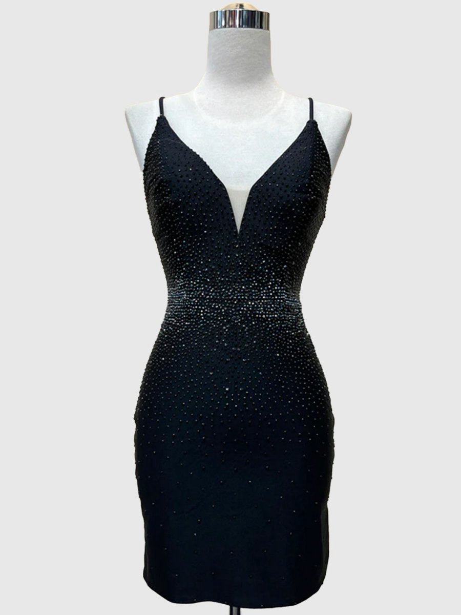 Sheath Beaded Satin Homecoming Dresses with Side Slit