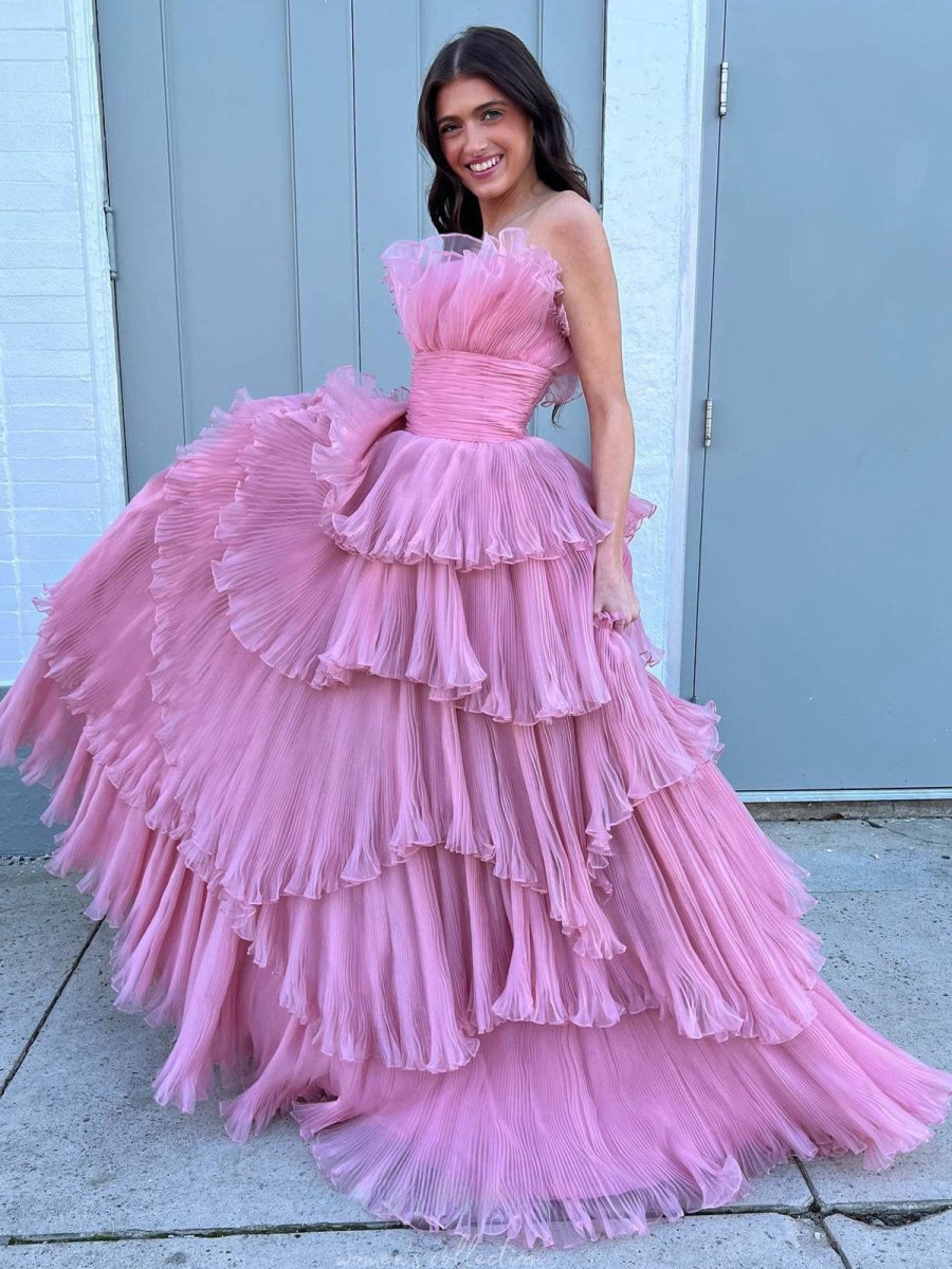 Strapless A-line Tie Crinkled Tulle Prom Dresses
