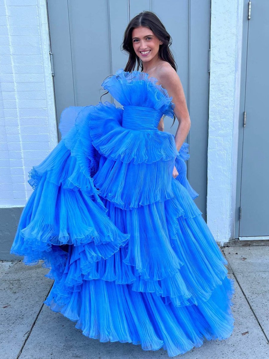 Strapless A-line Tie Crinkled Tulle Prom Dresses