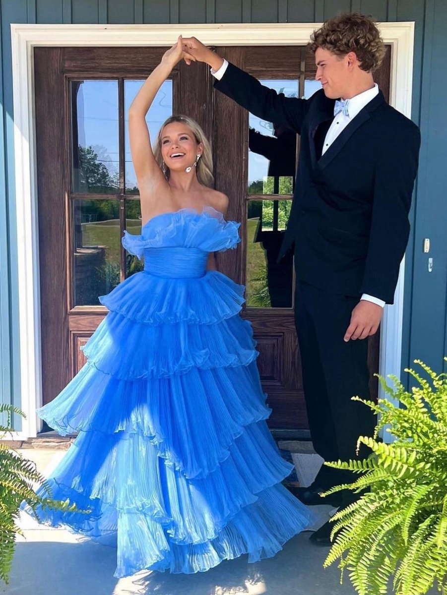 Strapless A-line Tie Crinkled Tulle Prom Dresses