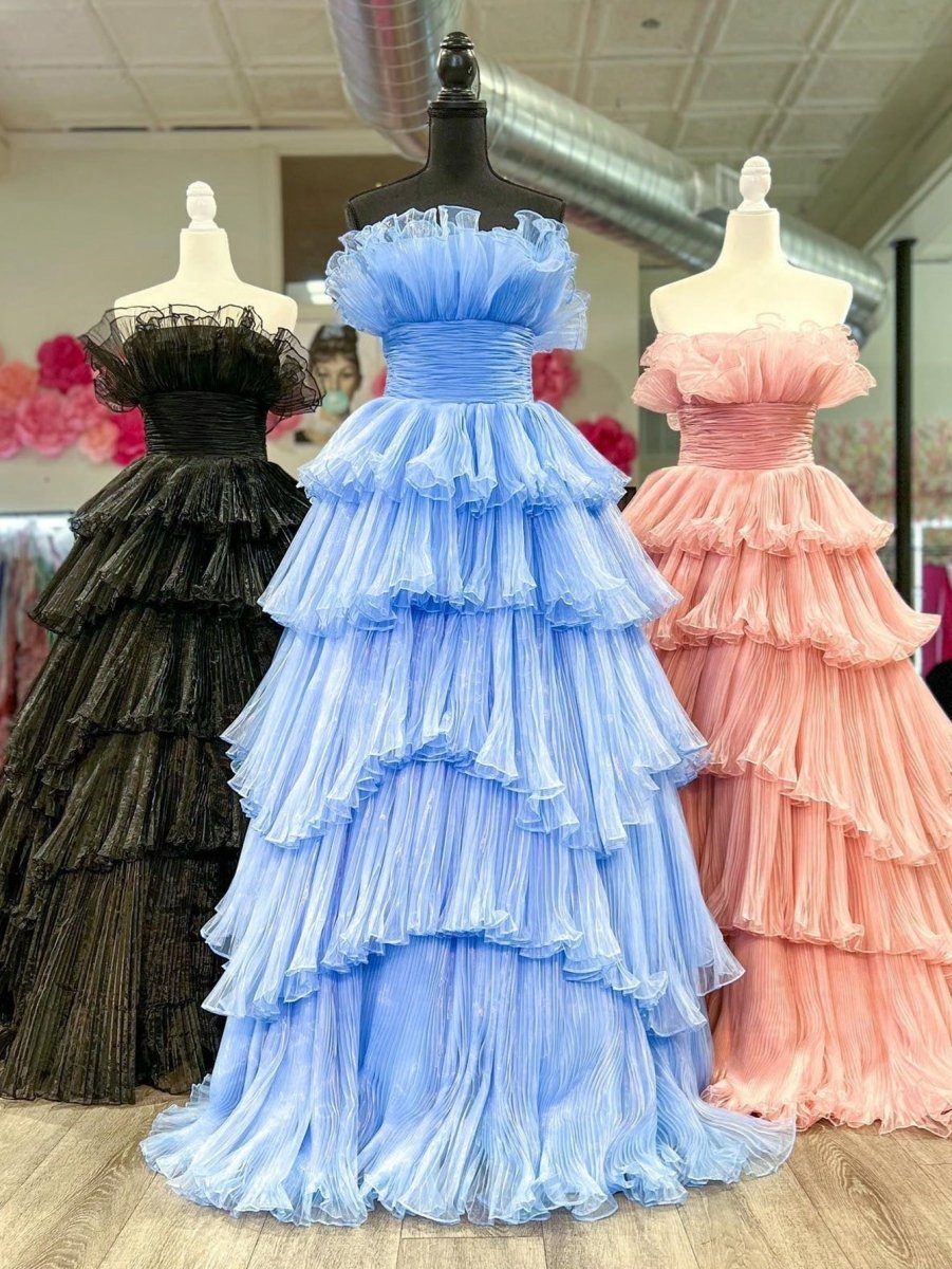 Strapless A-line Tie Crinkled Tulle Prom Dresses