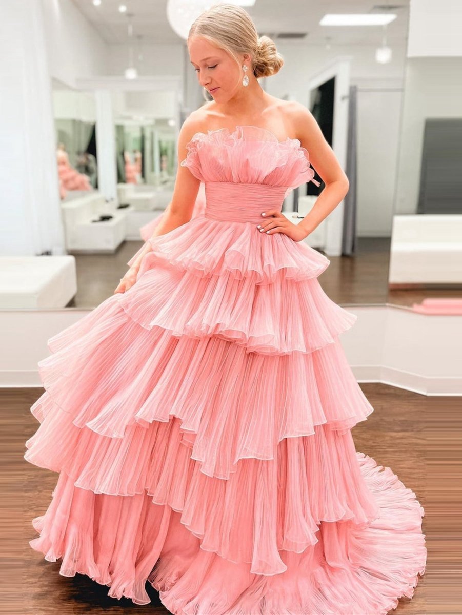 Strapless A-line Tie Crinkled Tulle Prom Dresses
