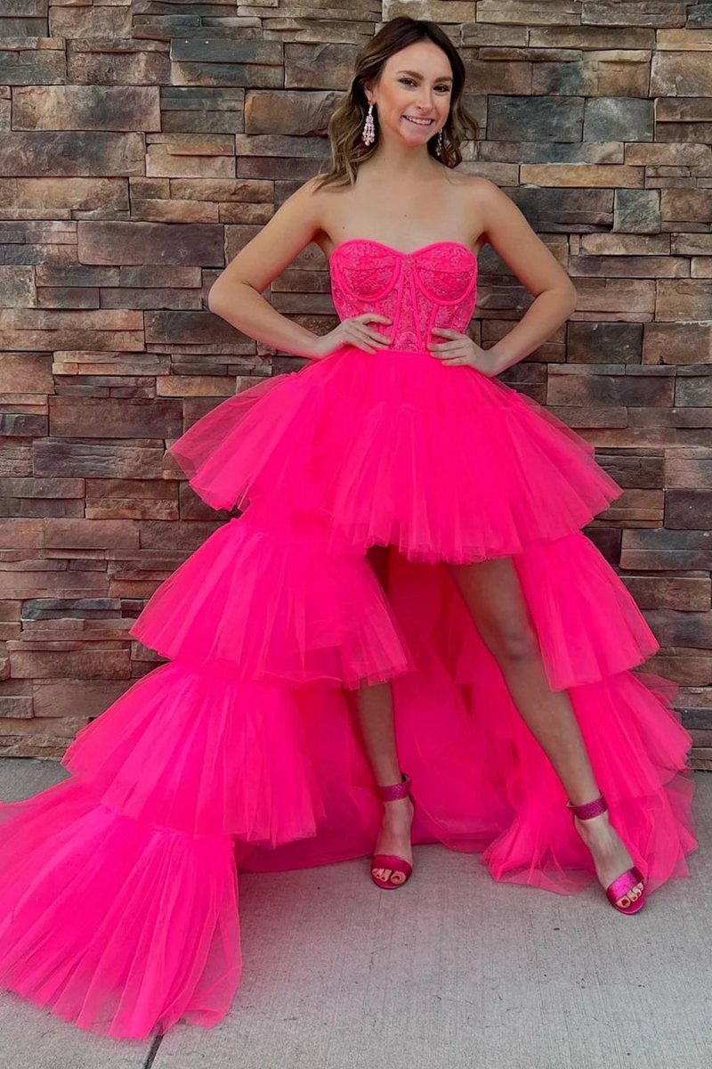 A-line Asymmetrical Strapless Tie Tulle Prom Dresses
