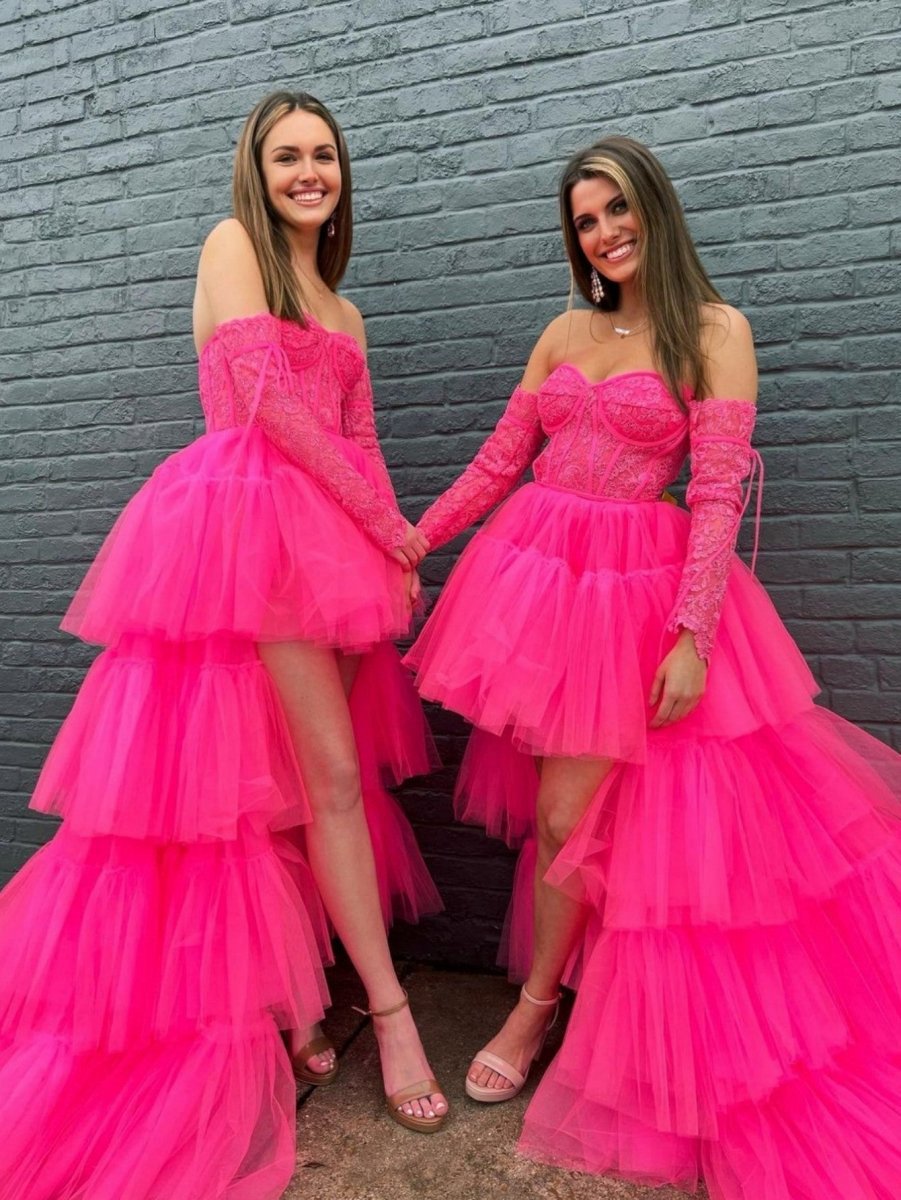 A-line Asymmetrical Strapless Tie Tulle Prom Dresses