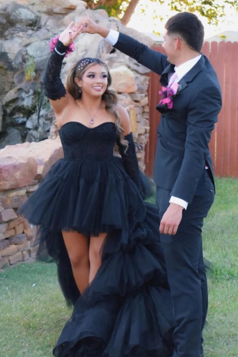 A-line Asymmetrical Strapless Tie Tulle Prom Dresses
