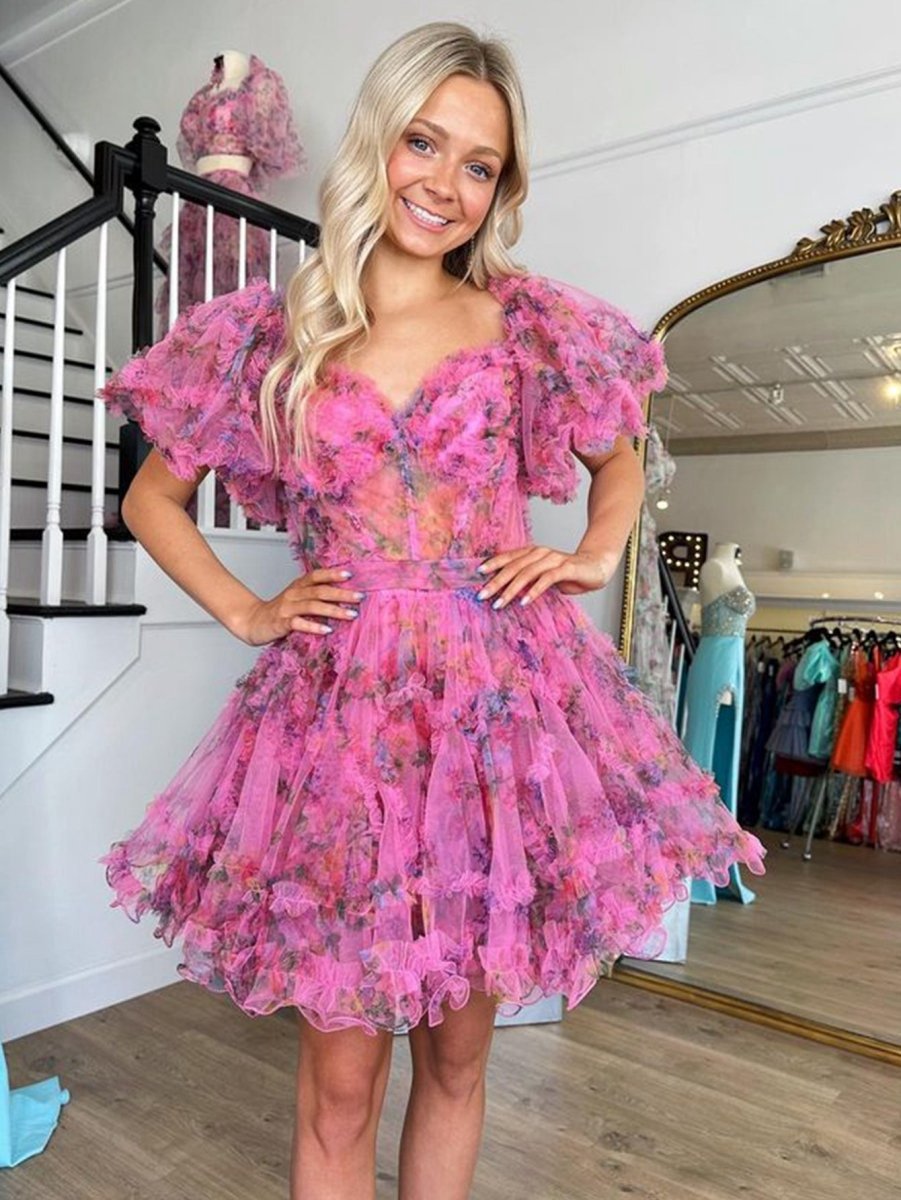 A-line Off the Shoulder Floral Printed Homecoming Dresses