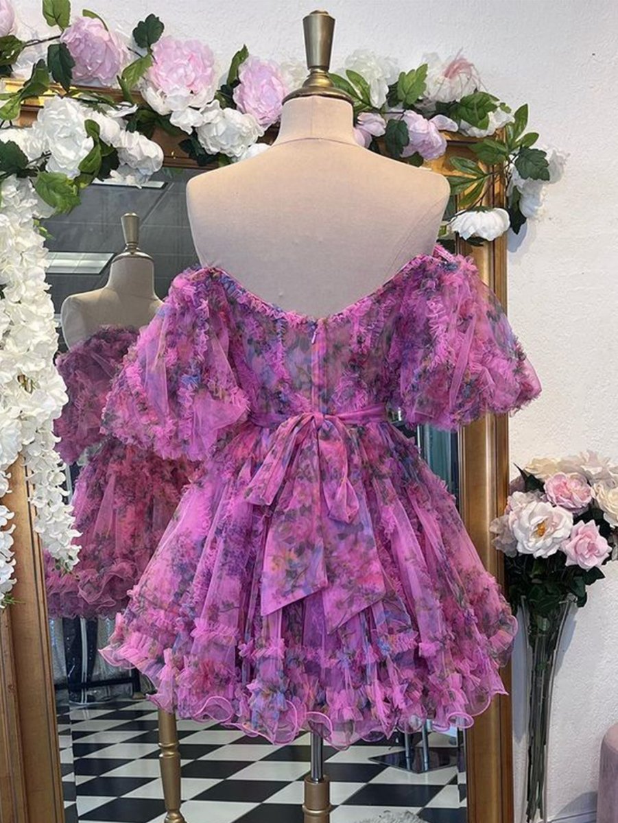 A-line Off the Shoulder Floral Printed Homecoming Dresses