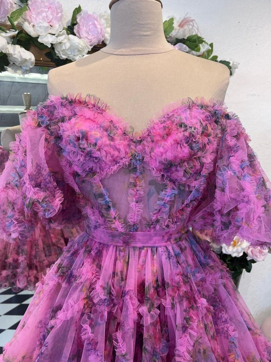 A-line Off the Shoulder Floral Printed Homecoming Dresses