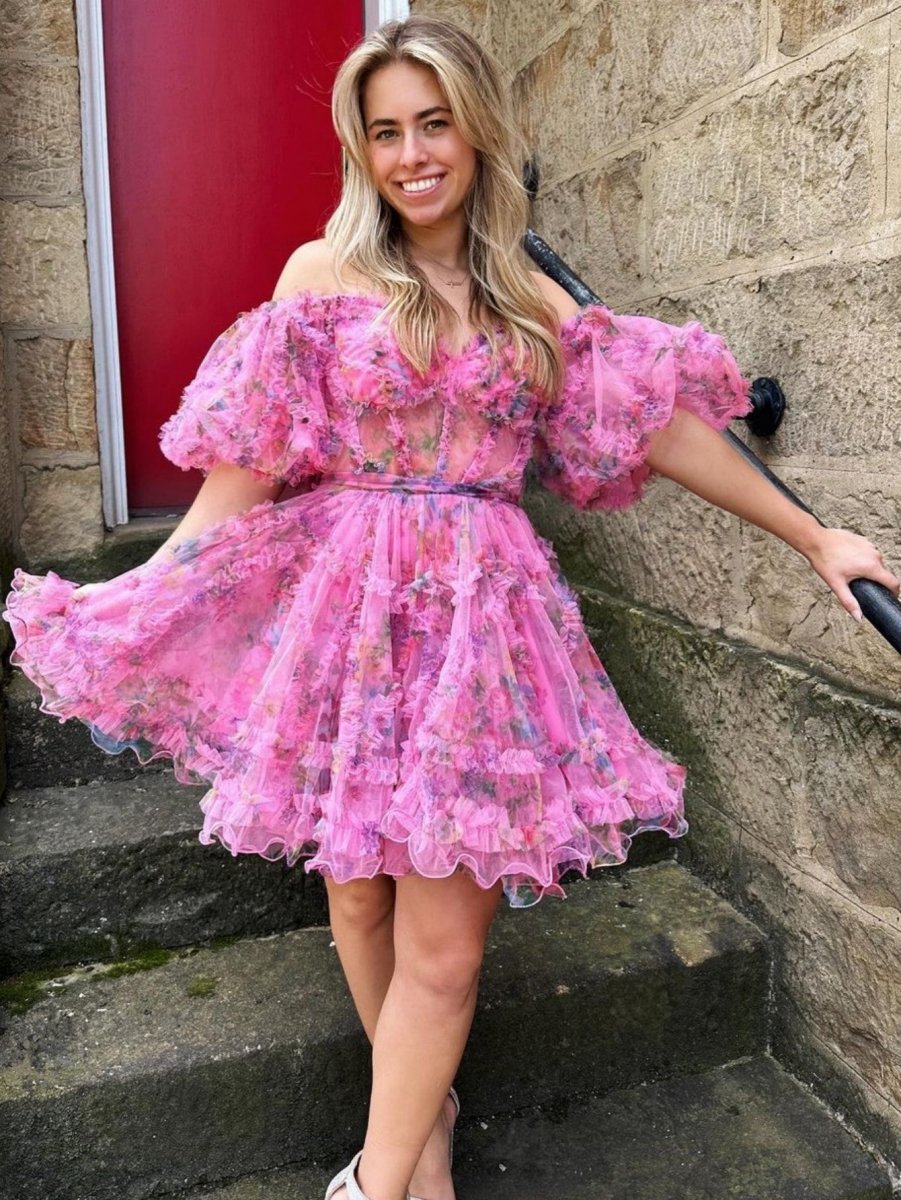 A-line Off the Shoulder Floral Printed Homecoming Dresses