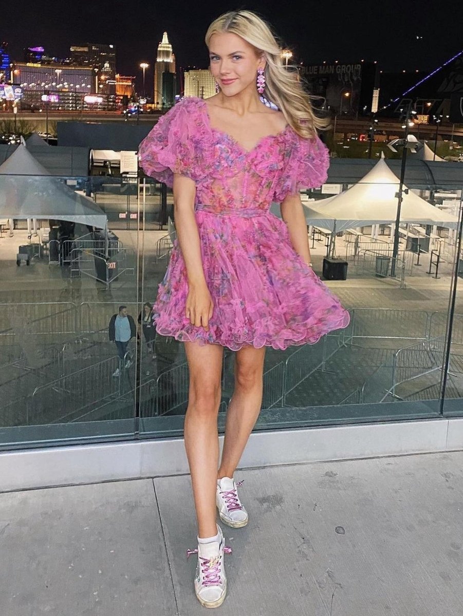 A-line Off the Shoulder Floral Printed Homecoming Dresses