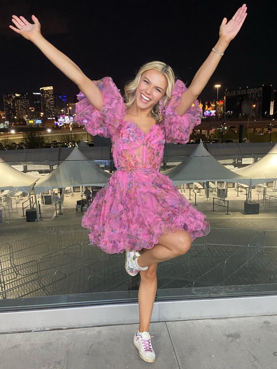 A-line Off the Shoulder Floral Printed Homecoming Dresses