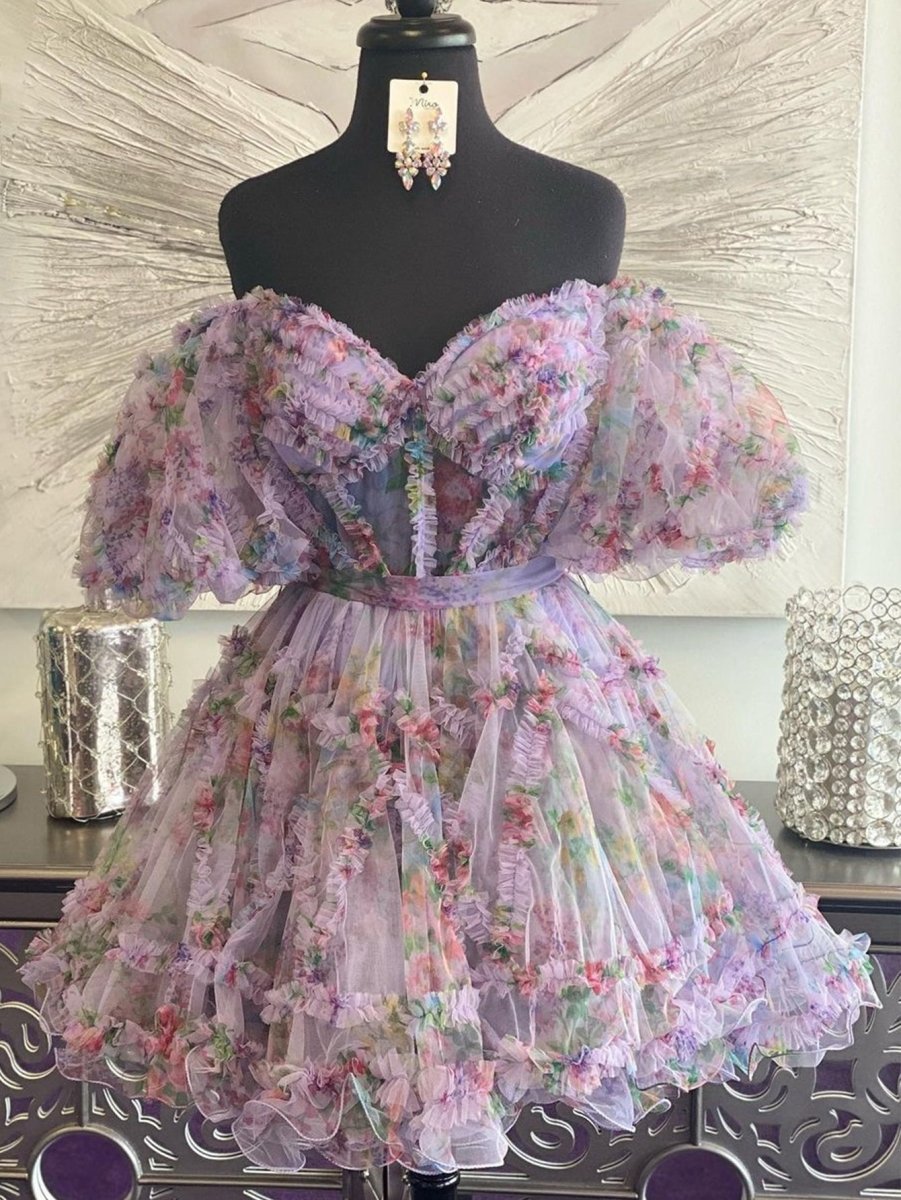 A-line Off the Shoulder Floral Printed Homecoming Dresses