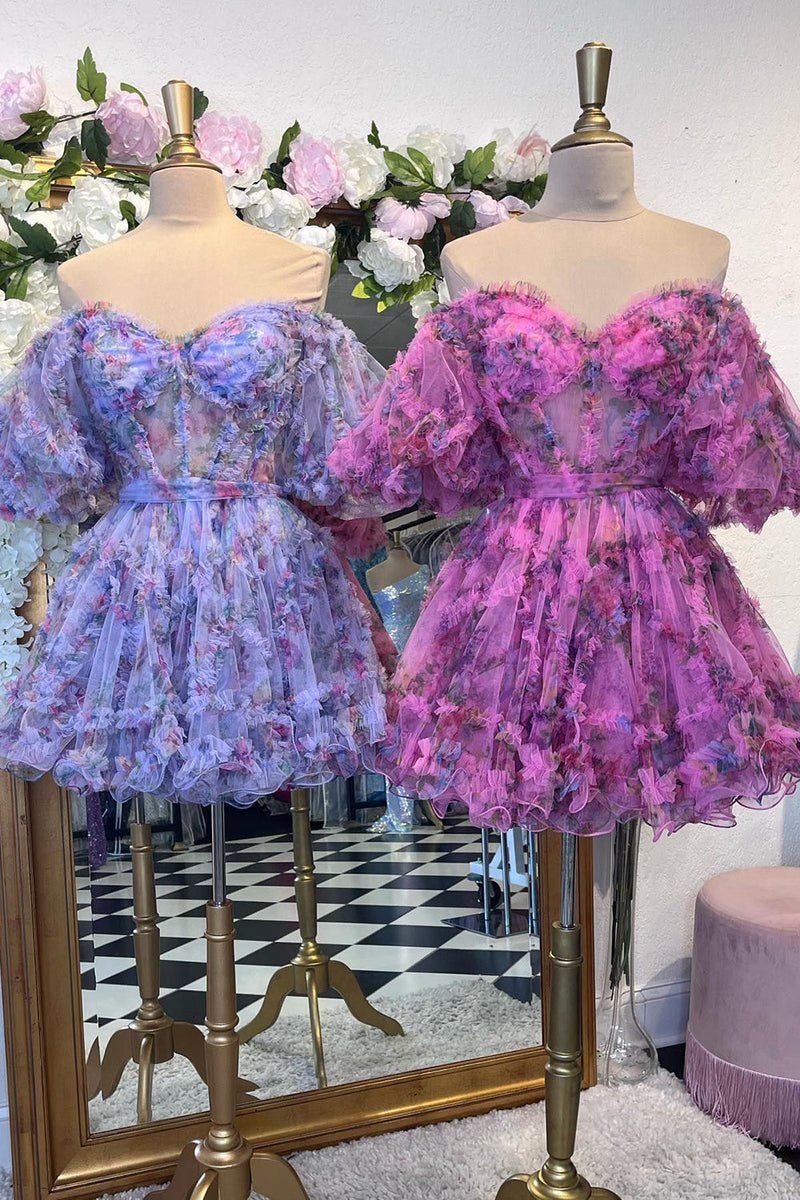 A-line Off the Shoulder Floral Printed Homecoming Dresses