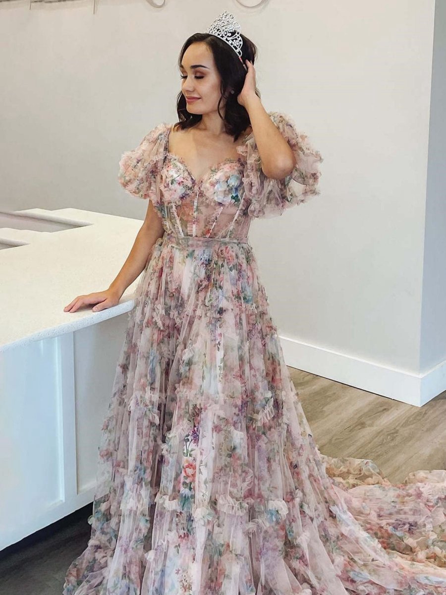 A-line Off the Shoulder Floral Tulle Prom Dresses