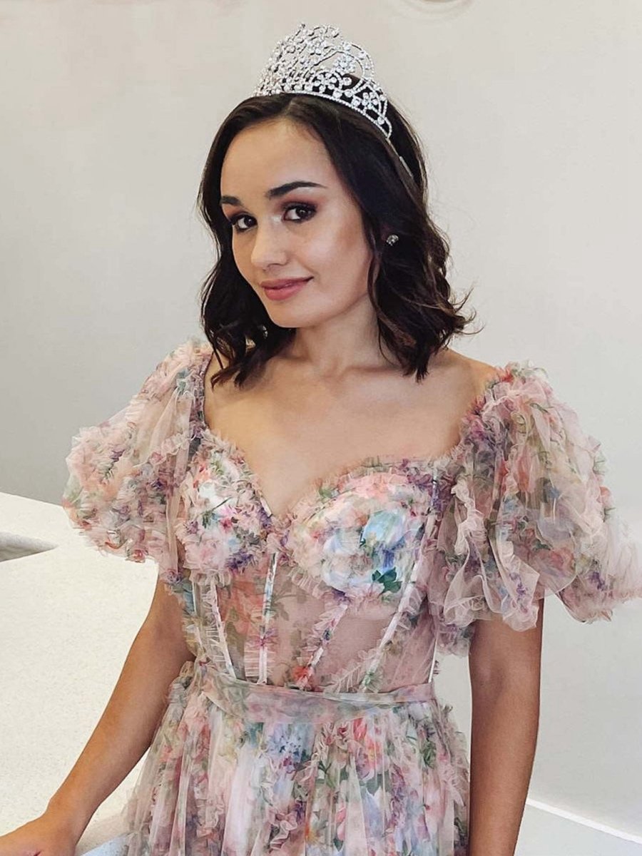 A-line Off the Shoulder Floral Tulle Prom Dresses