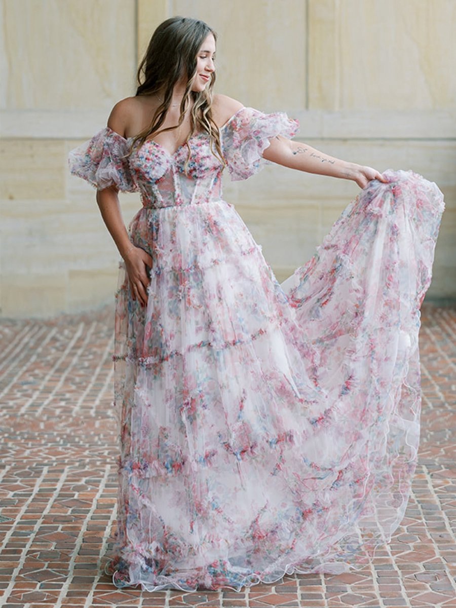 A-line Off the Shoulder Floral Tulle Prom Dresses