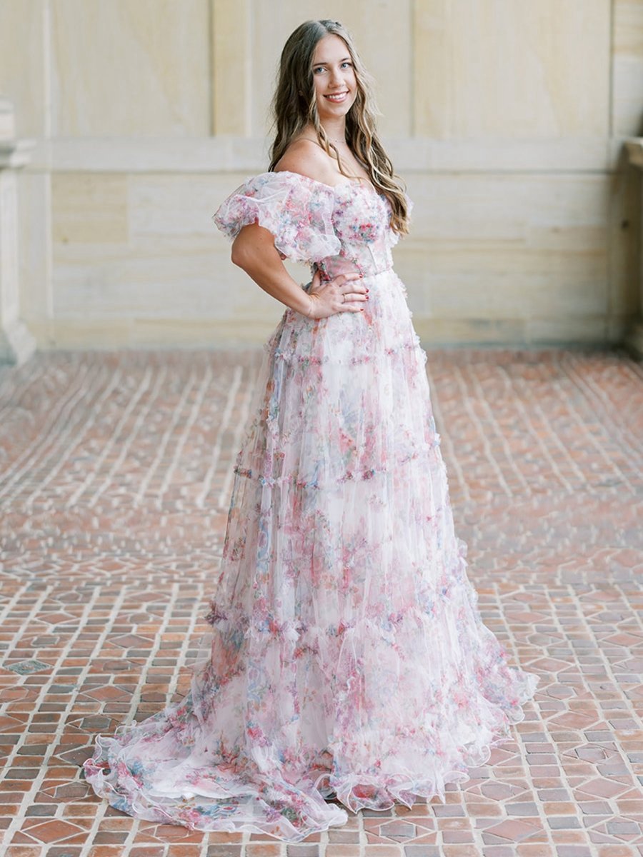 A-line Off the Shoulder Floral Tulle Prom Dresses