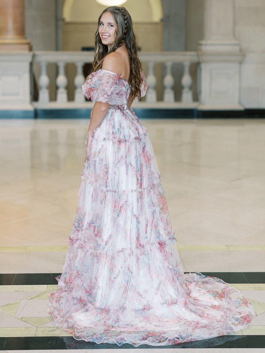 A-line Off the Shoulder Floral Tulle Prom Dresses