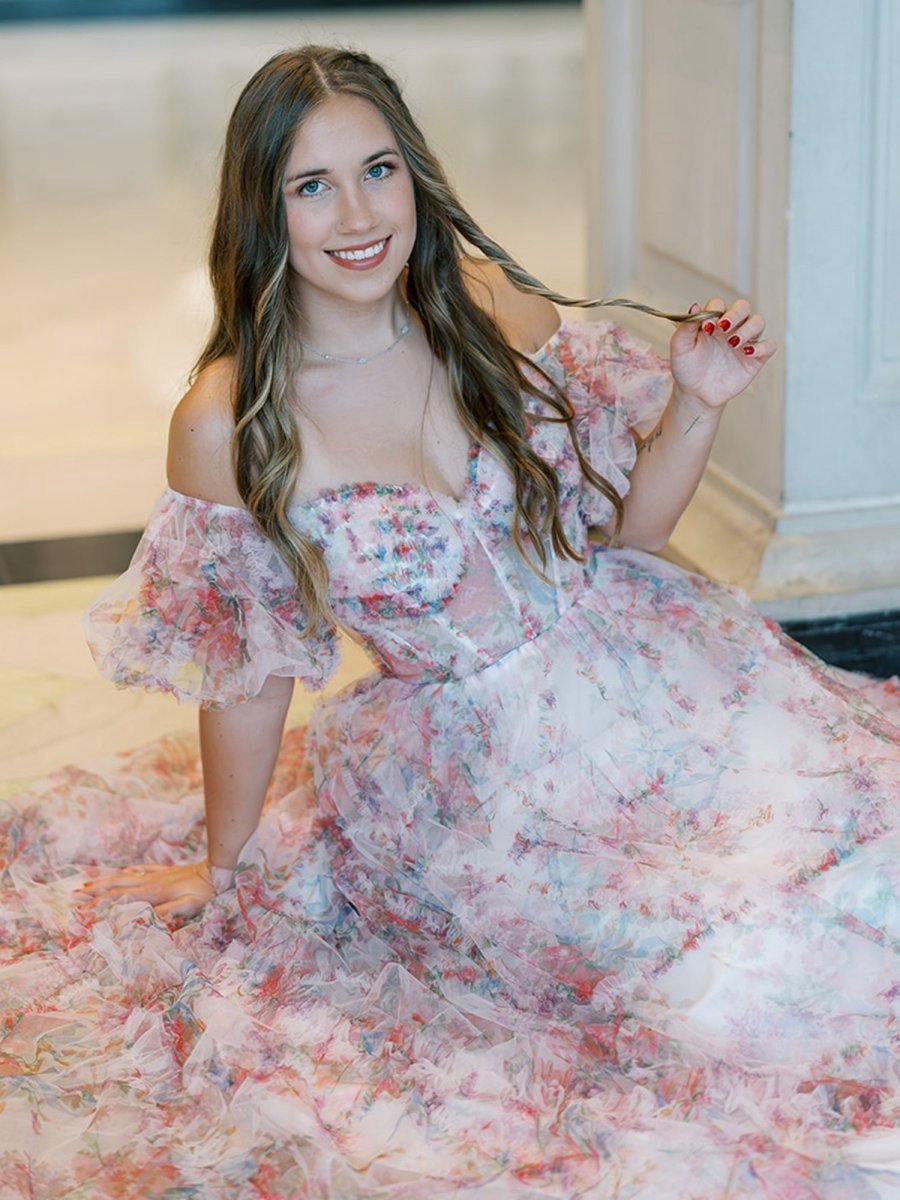 A-line Off the Shoulder Floral Tulle Prom Dresses
