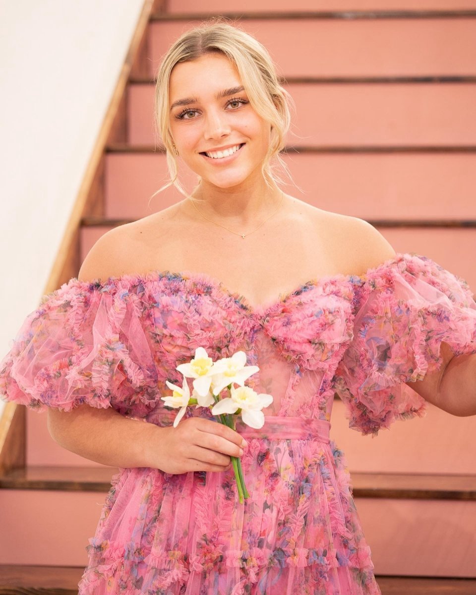 A-line Off the Shoulder Floral Tulle Prom Dresses