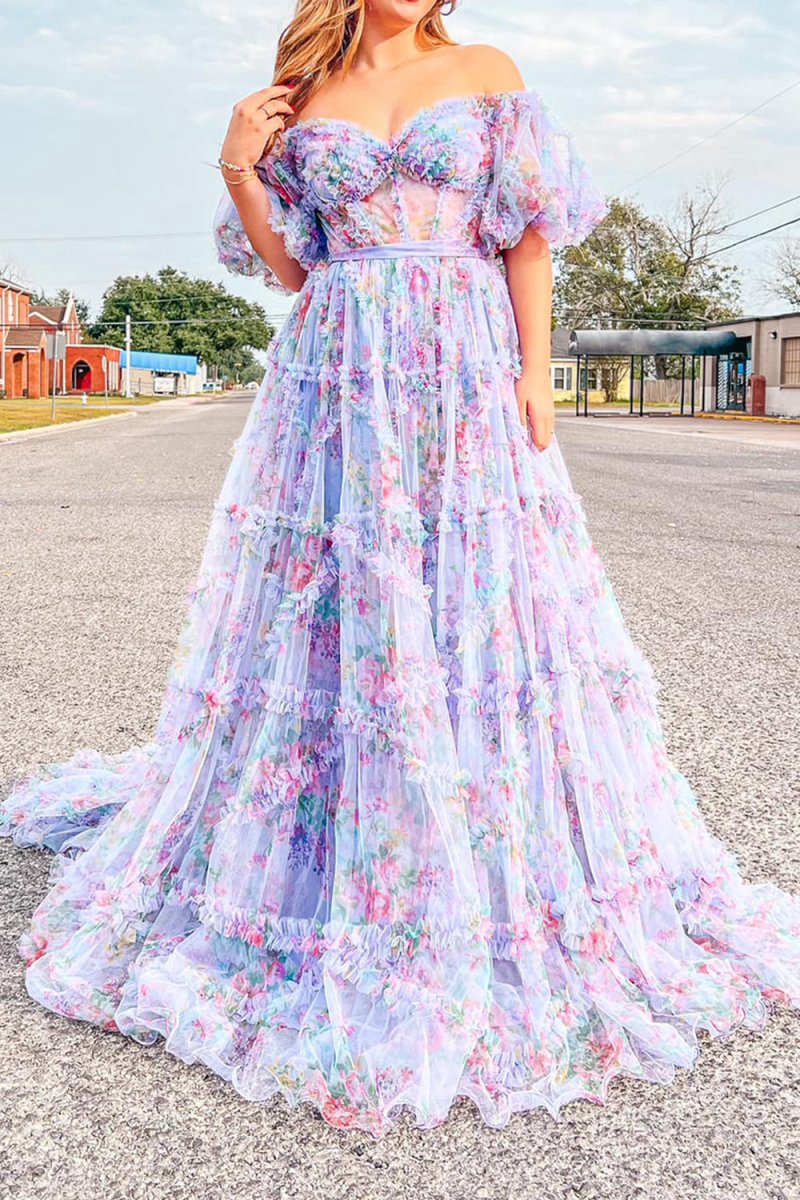 A-line Off the Shoulder Floral Tulle Prom Dresses