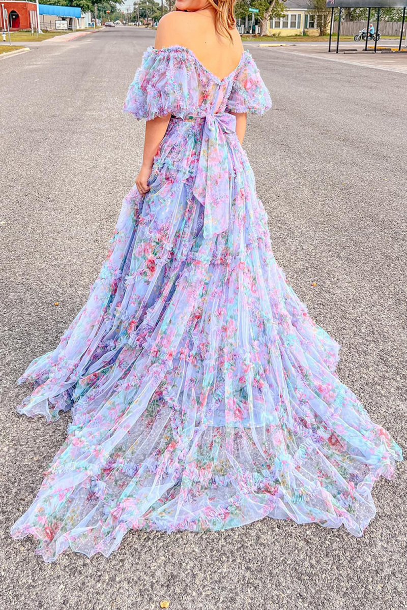 A-line Off the Shoulder Floral Tulle Prom Dresses