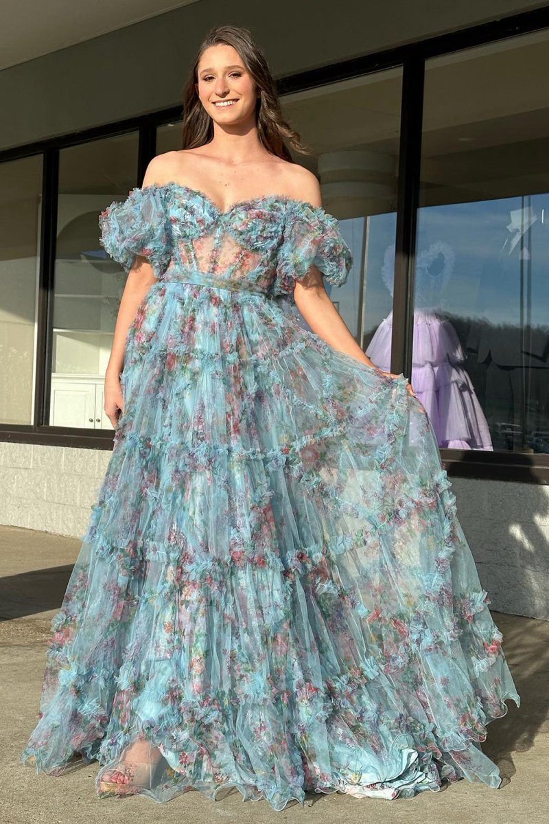 A-line Off the Shoulder Floral Tulle Prom Dresses