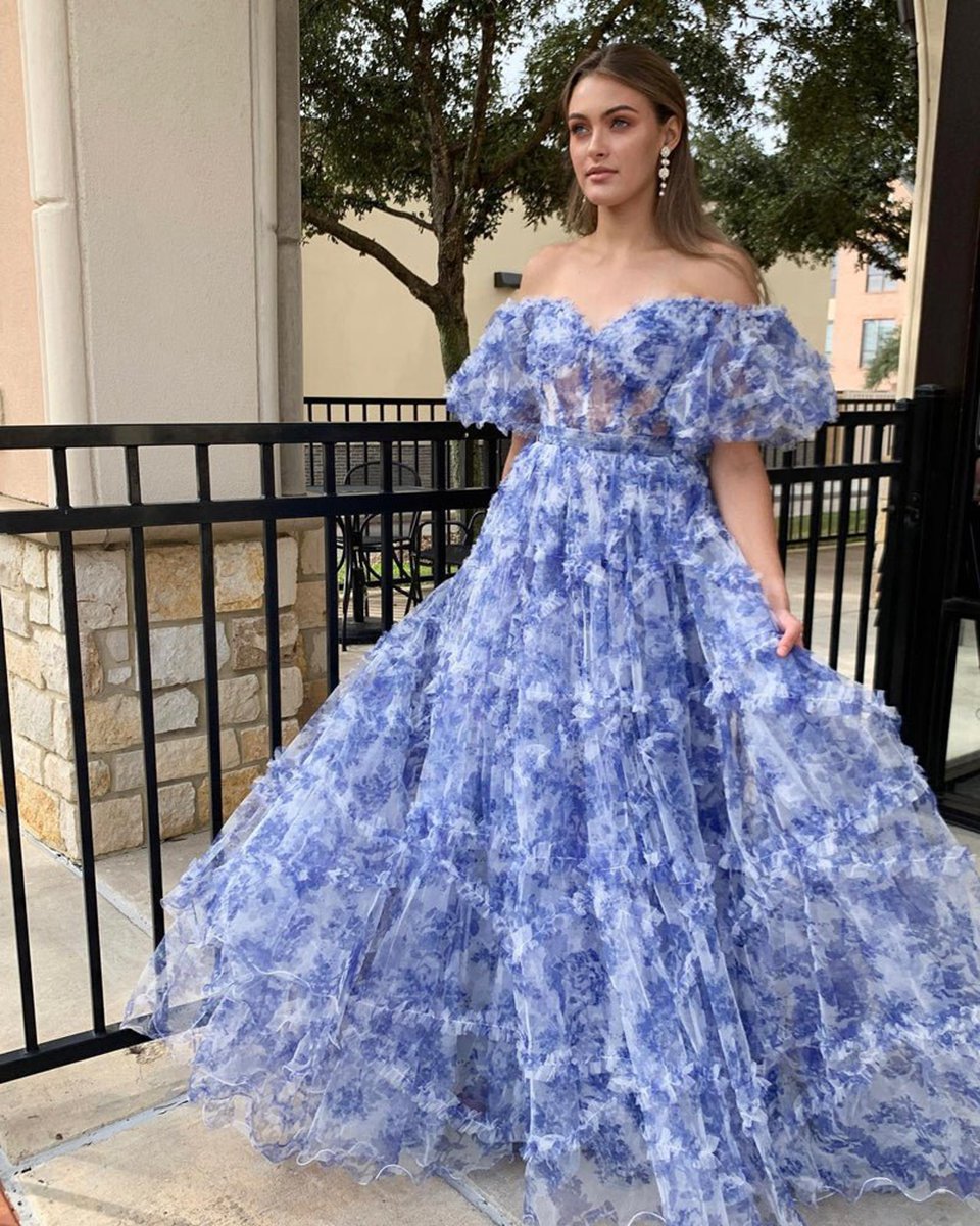 A-line Off the Shoulder Floral Tulle Prom Dresses